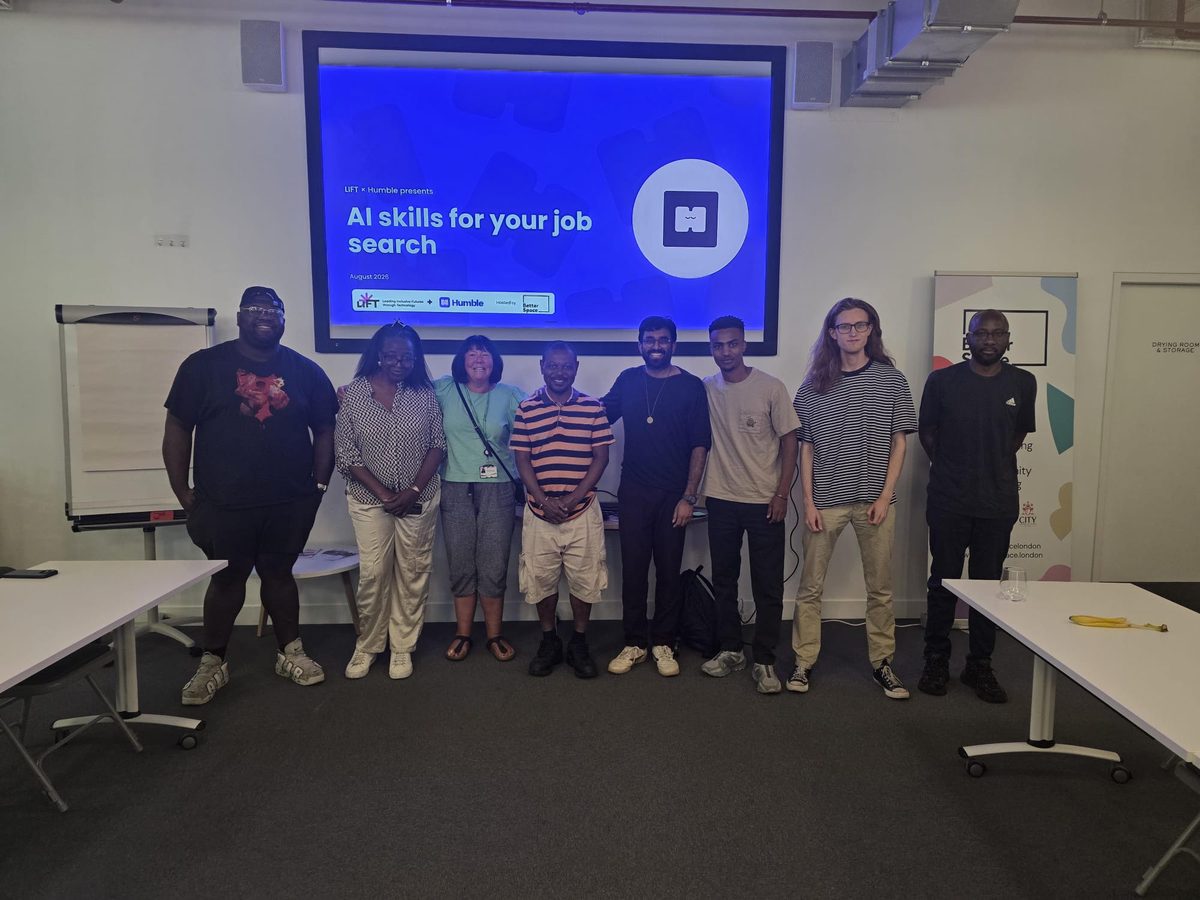 Mahdi with residents at the LIFT and Humble workshop, AI skills for your job search, hosted by Better Space in August 2026