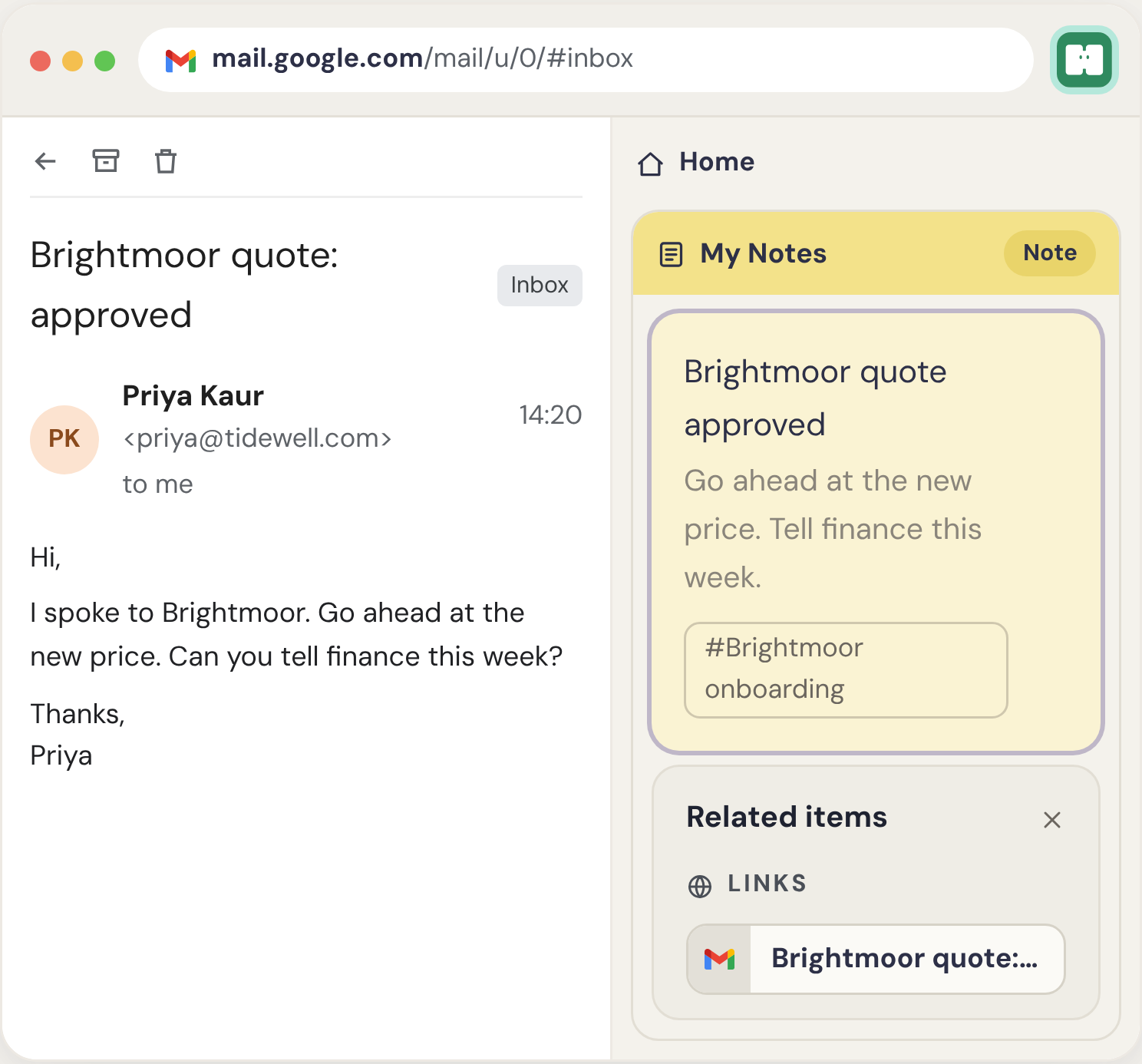The Humble browser extension next to an email, saving it as a note