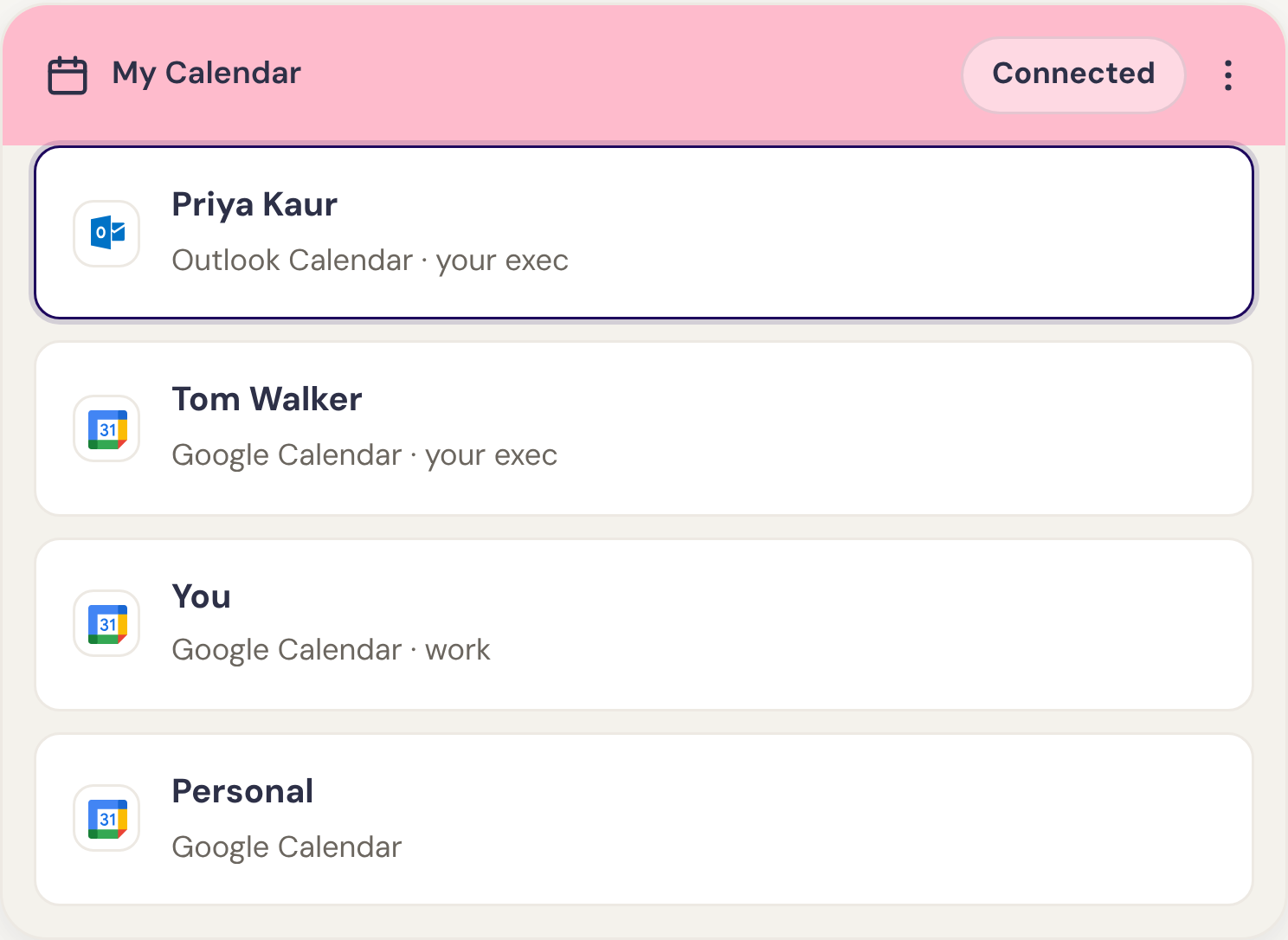 Several Google and Outlook calendars connected in Humble