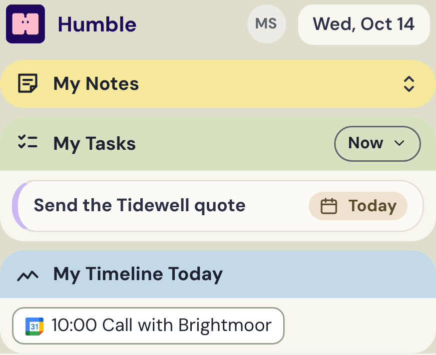 The Humble home screen with notes, tasks and today's timeline
