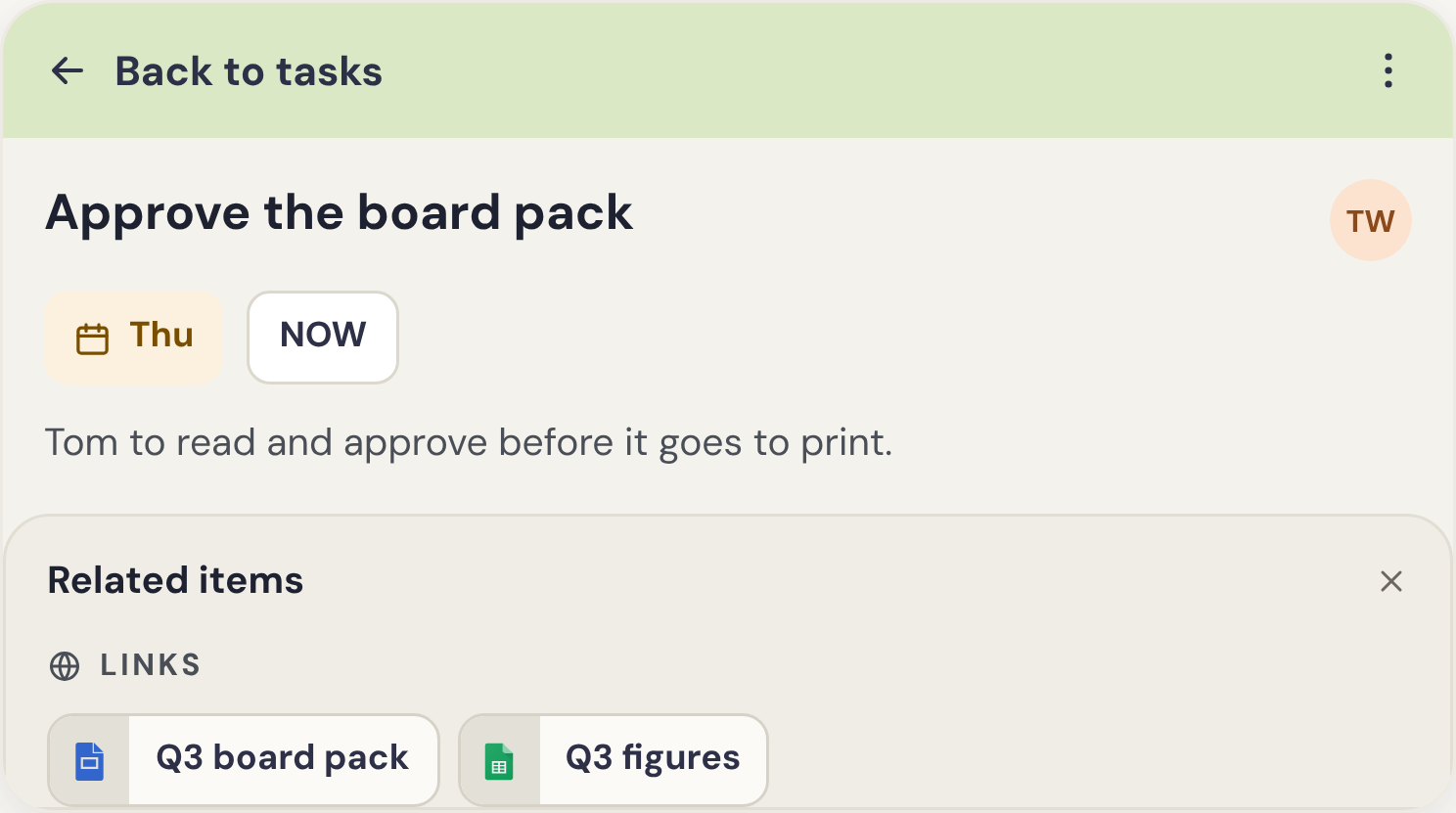 A task in Humble with its date, status and related items