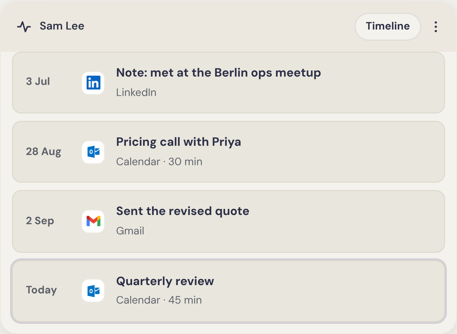 A Humble timeline for one contact, with notes, calls and emails by date