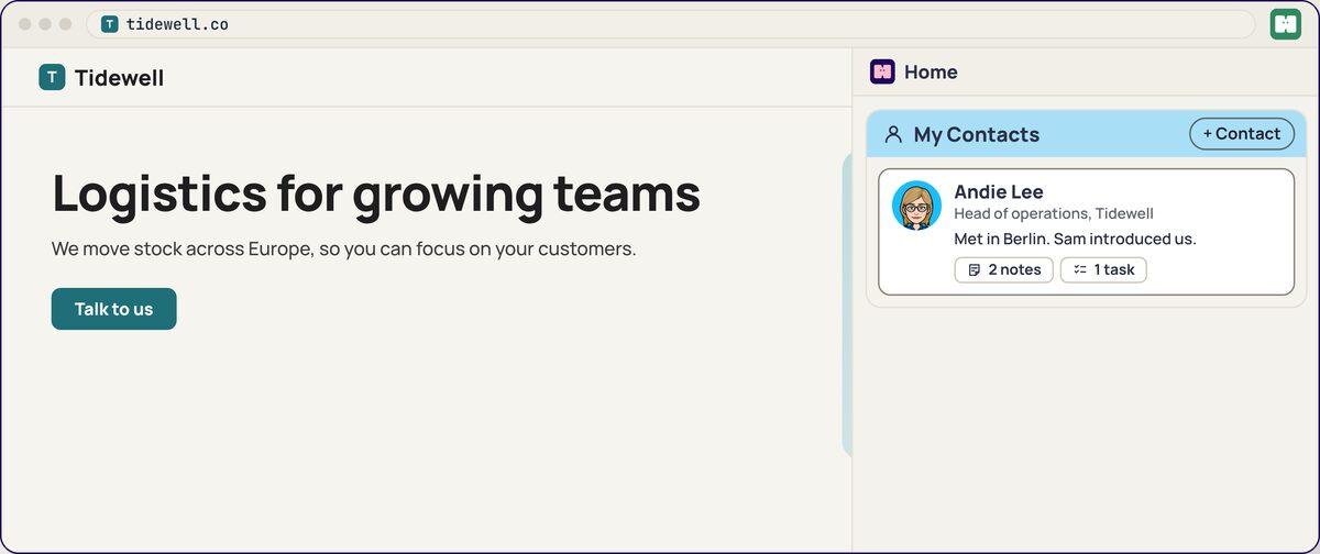 The Humble browser extension showing a saved contact beside a client’s website