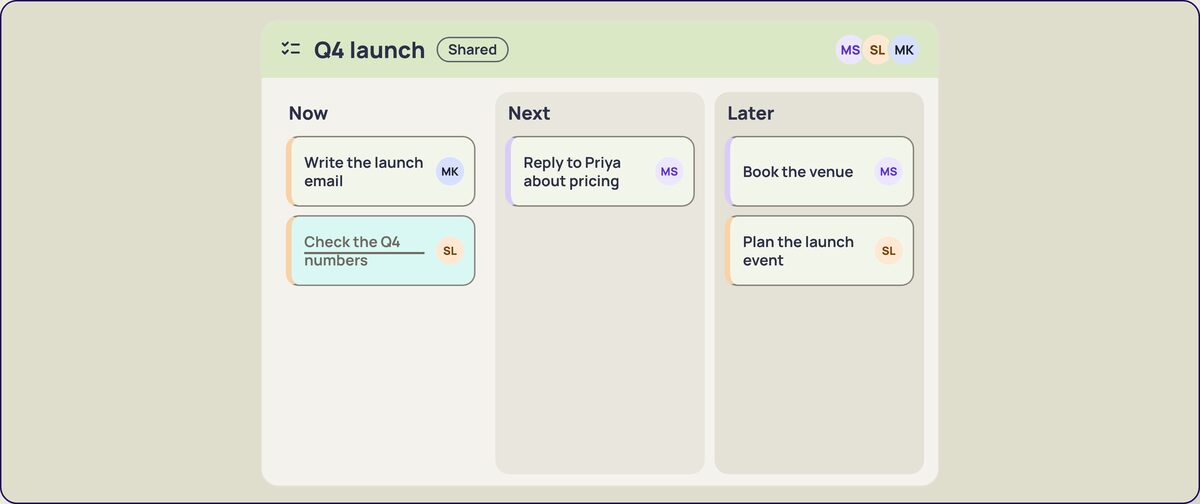 A shared project board in Humble with Now, Next and Later columns