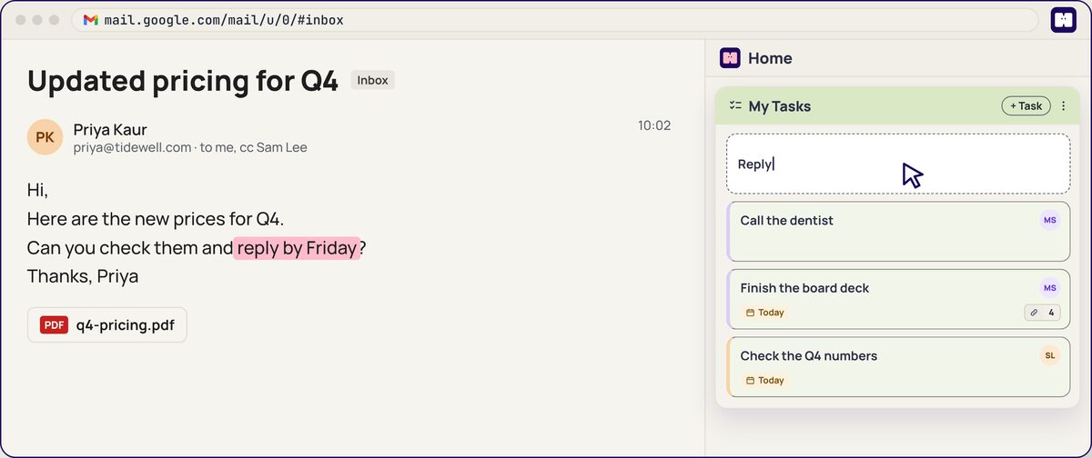 The Humble browser extension showing tasks beside an email in Gmail